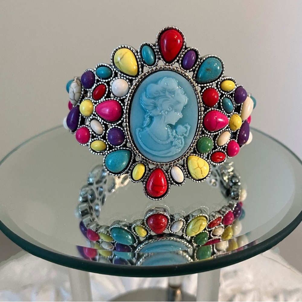Colorful Howlite Stones Cameo Silver Bracelet